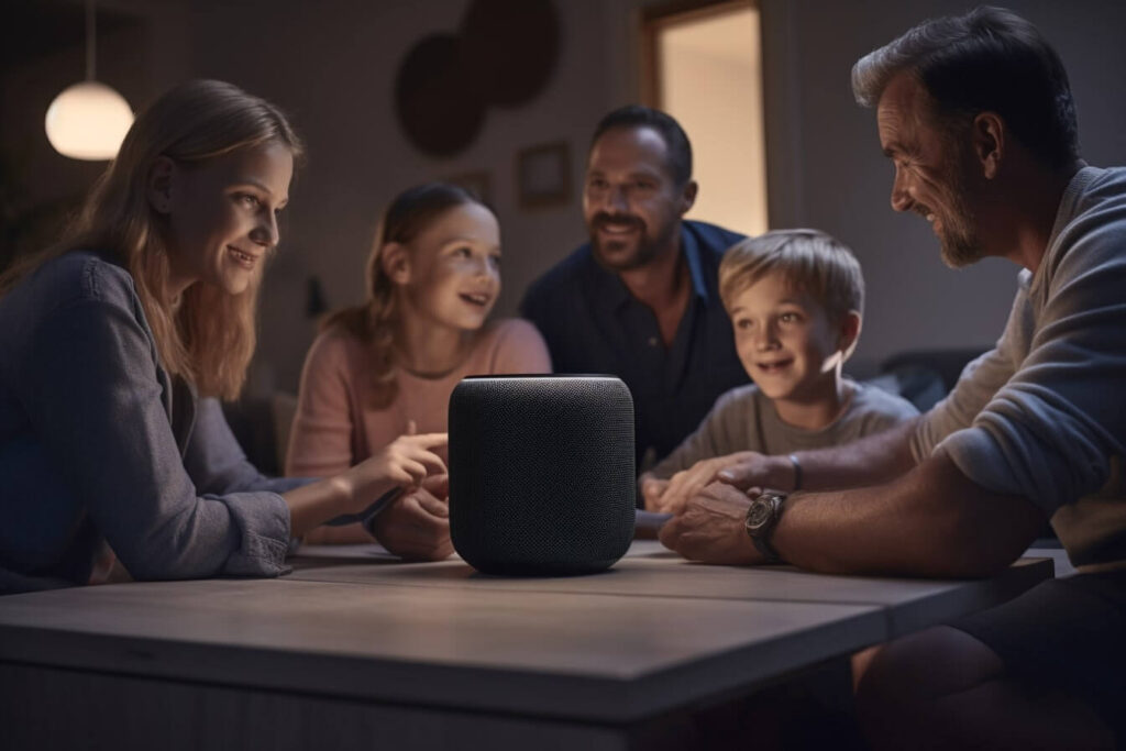 A family gathered around a smartspeaker and listening to an audiobook