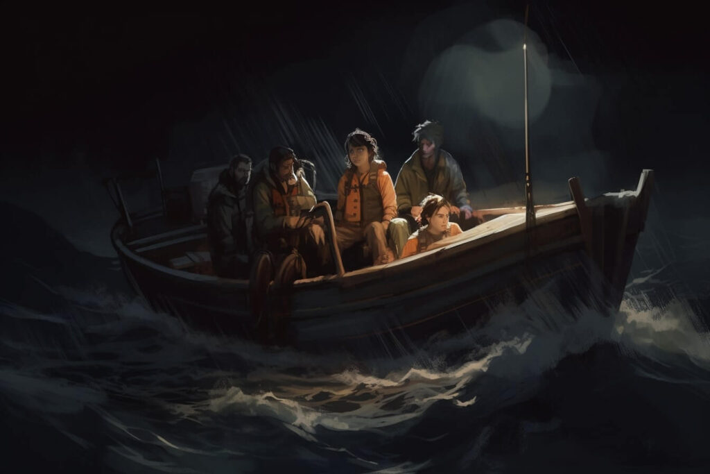 A group of people in a life boat.