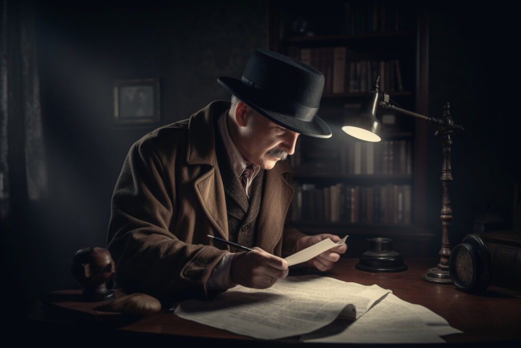 A detective snoops through documents with a magnifying