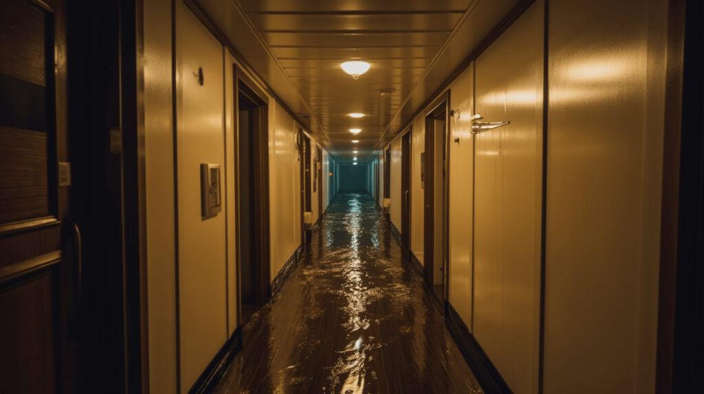 A hallway of a cruise ship flooded with water.